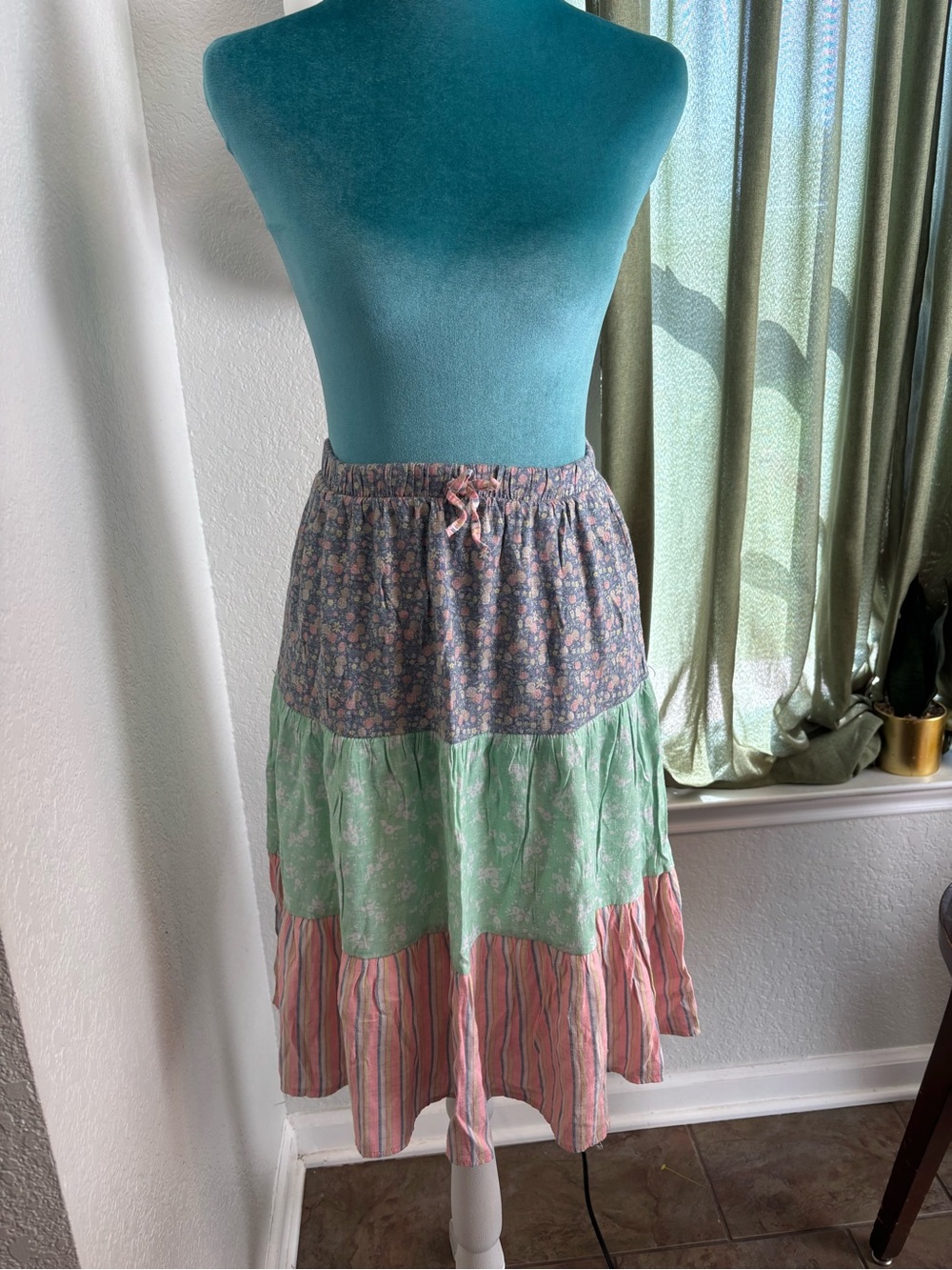 Girls' Tiered Floral & Stripe Midi Skirt in Blue, Green & Pink by Wonder Nation